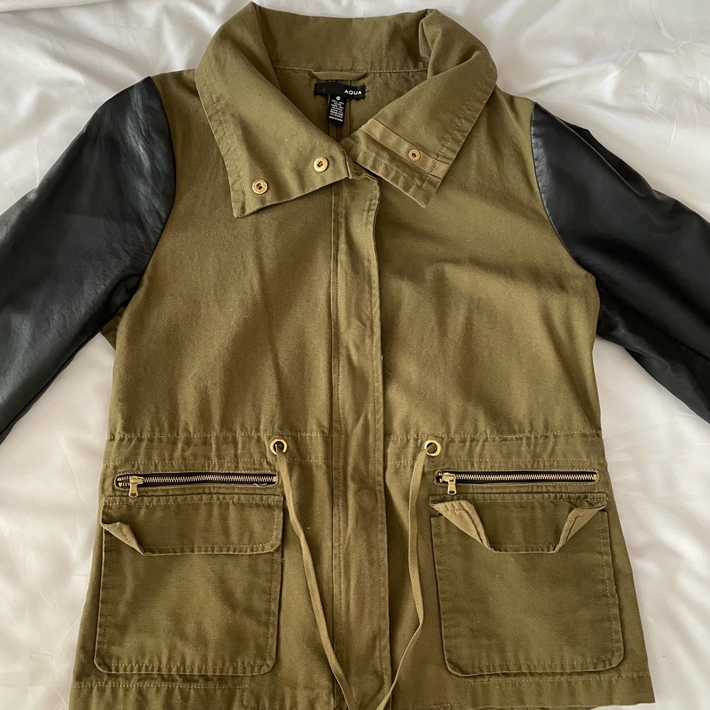 Aqua olive biker jacket with leather sleeves in a size large.